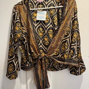 Artistic Patterned Wrap Blouse - Black and Gold